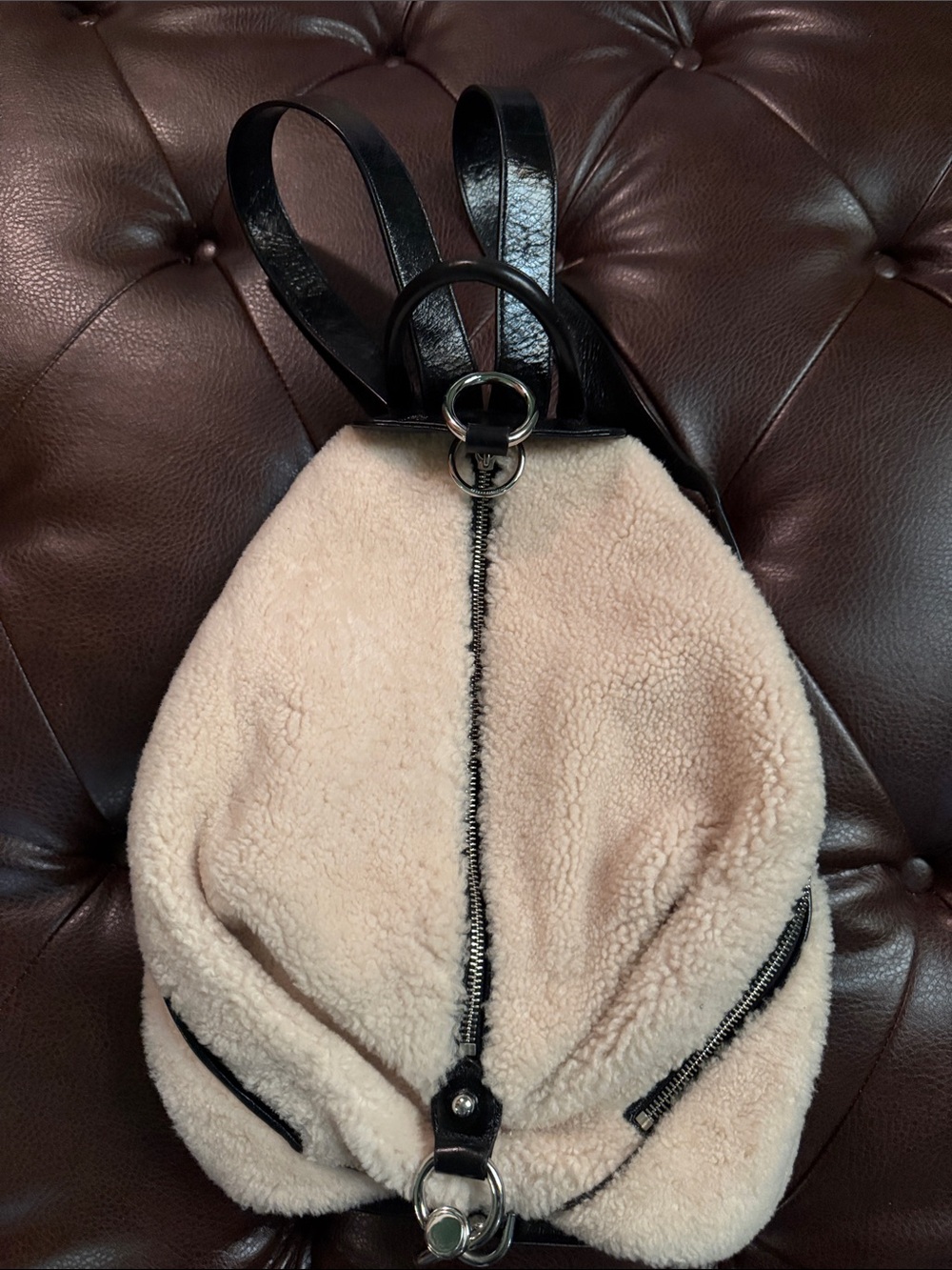 Rebecca Minkoff Cream Sherpa Backpack with Black Trim